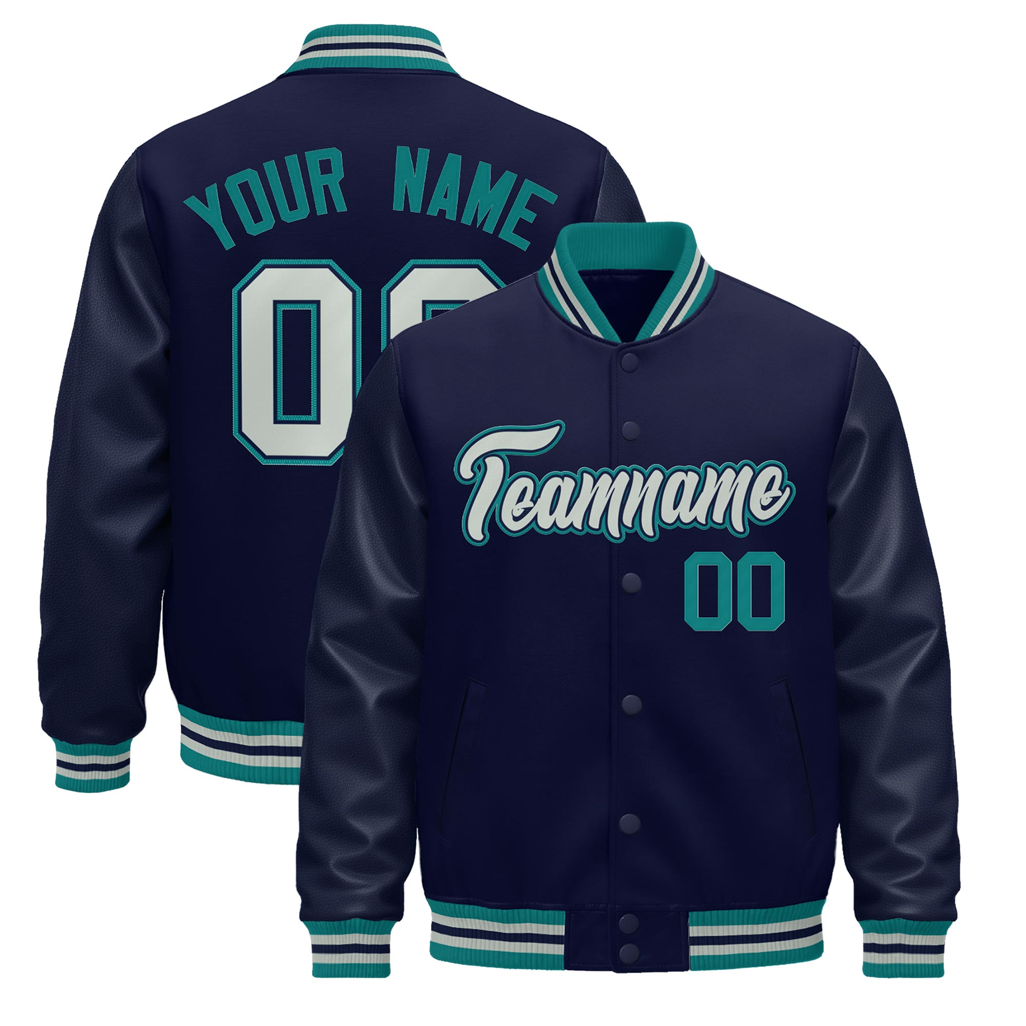 Custom Navy Teal Gray Classic Style Leather Sleeves Wrinkle-Resistant Jacket| KXKSHOP