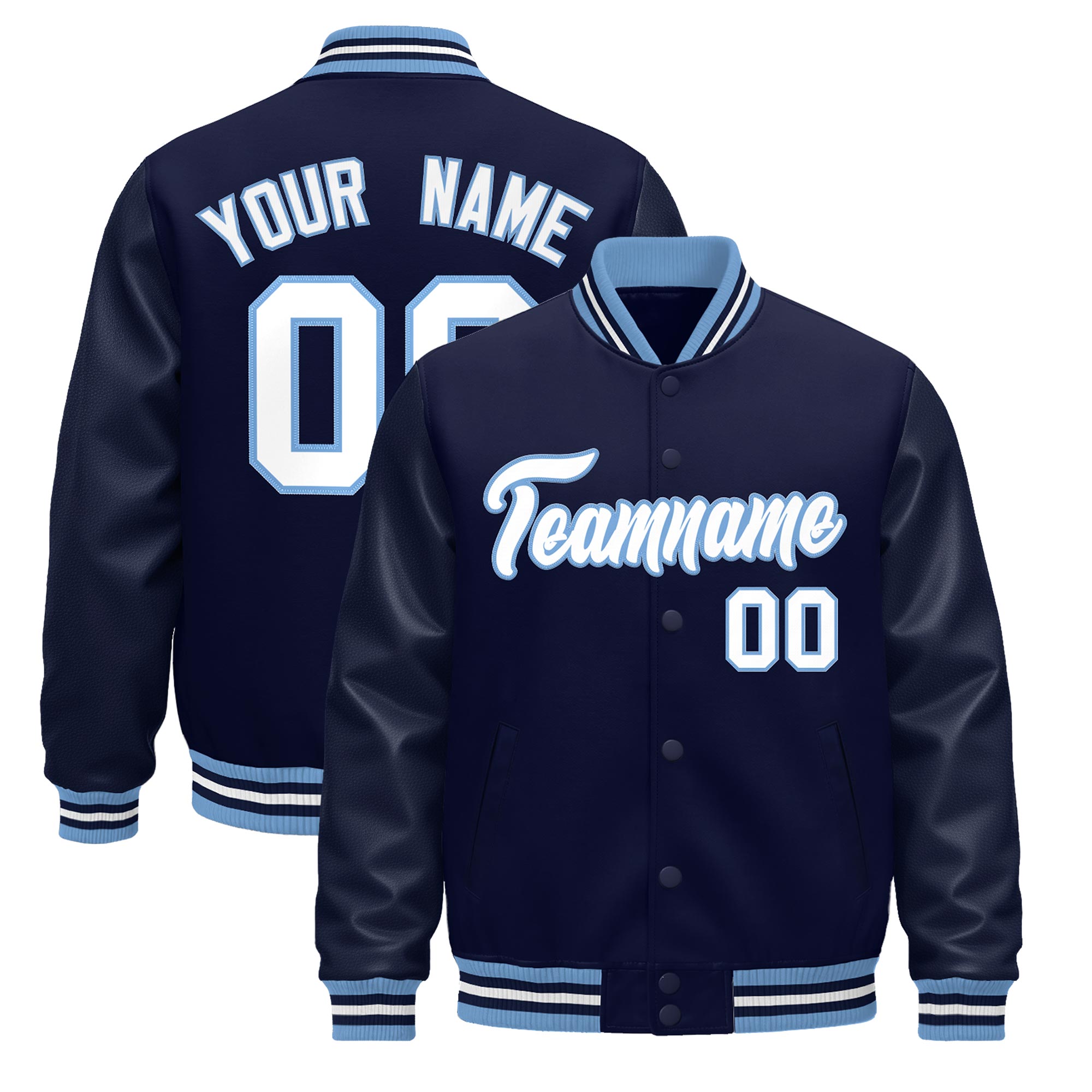 Custom Navy White Light Blue Classic Style Leather Sleeves Wrinkle-Resistant Jacket| KXKSHOP