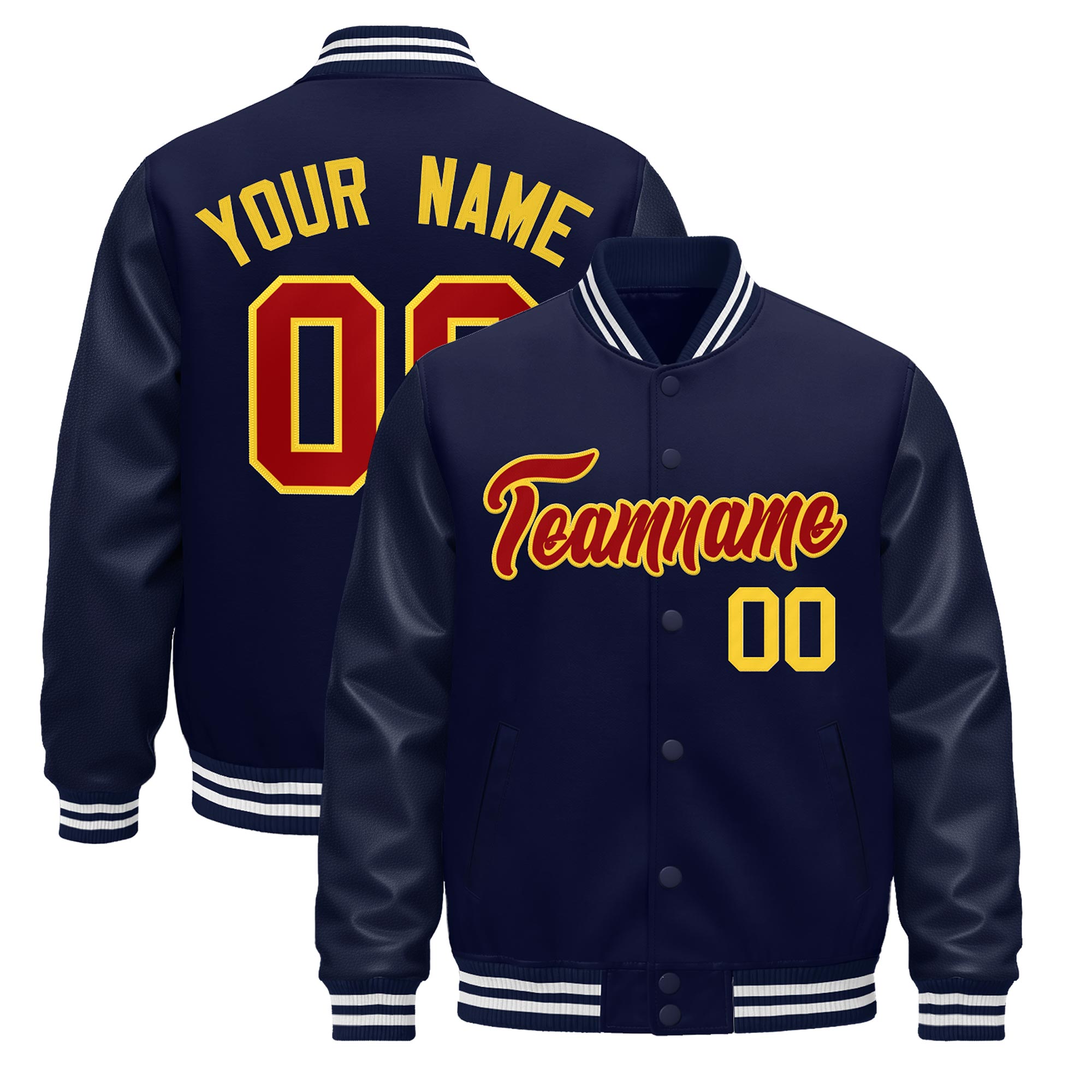 Custom Navy White Classic Style Leather Sleeves Wrinkle-Resistant Jacket| KXKSHOP