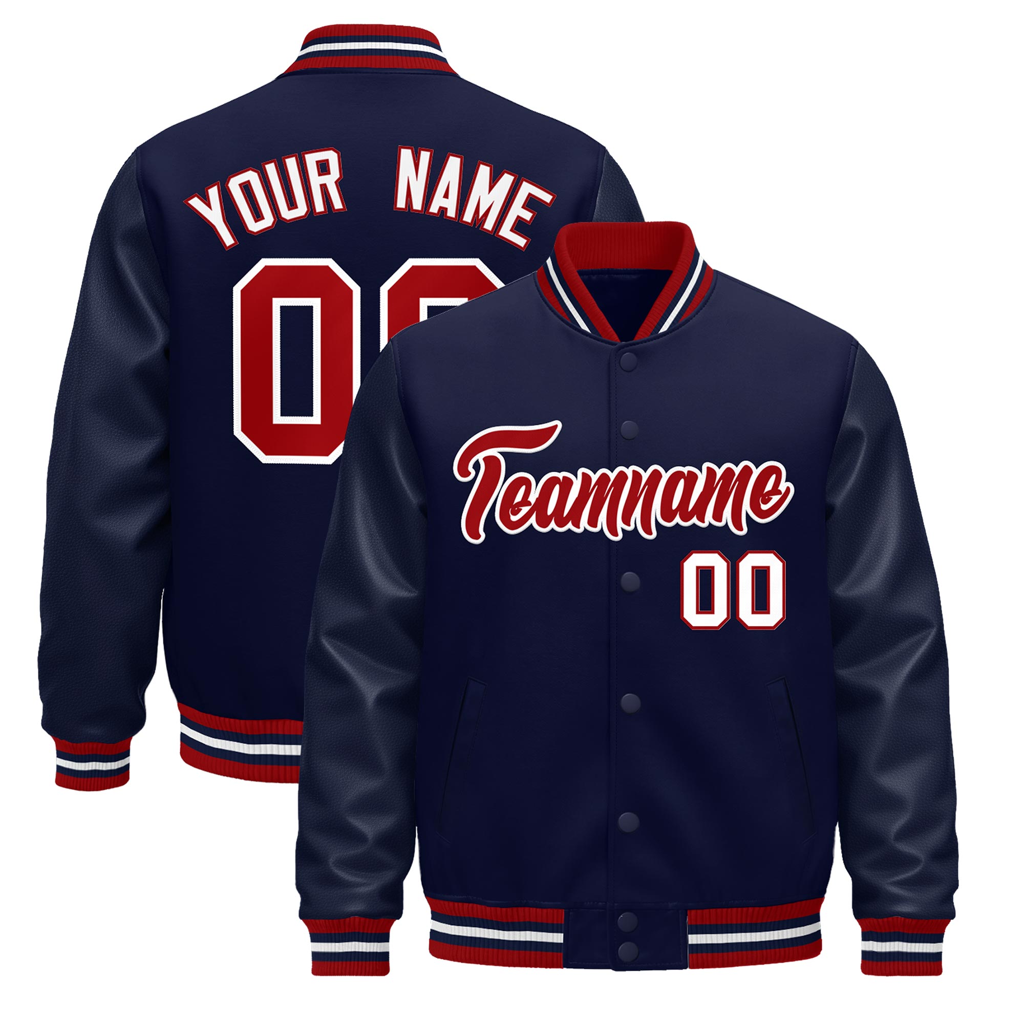 Custom Navy Red White Classic Style Leather Sleeves Wrinkle-Resistant Jacket| KXKSHOP