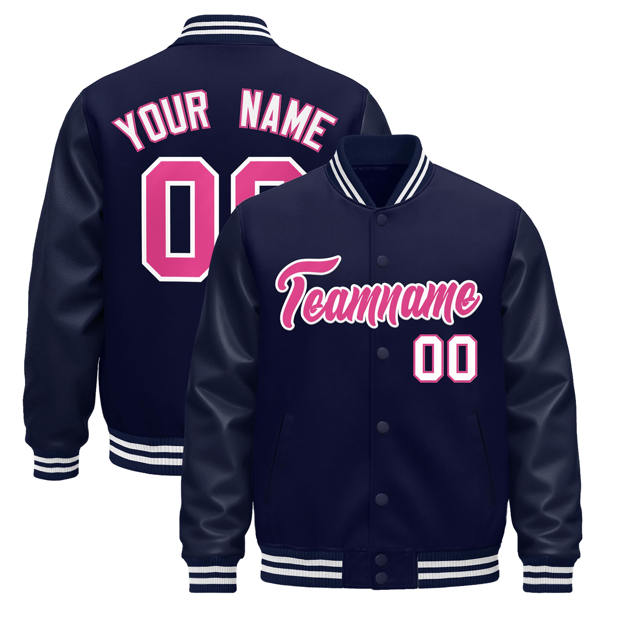 Custom Navy White Classic Style Leather Sleeves Wrinkle-Resistant Jacket| KXKSHOP