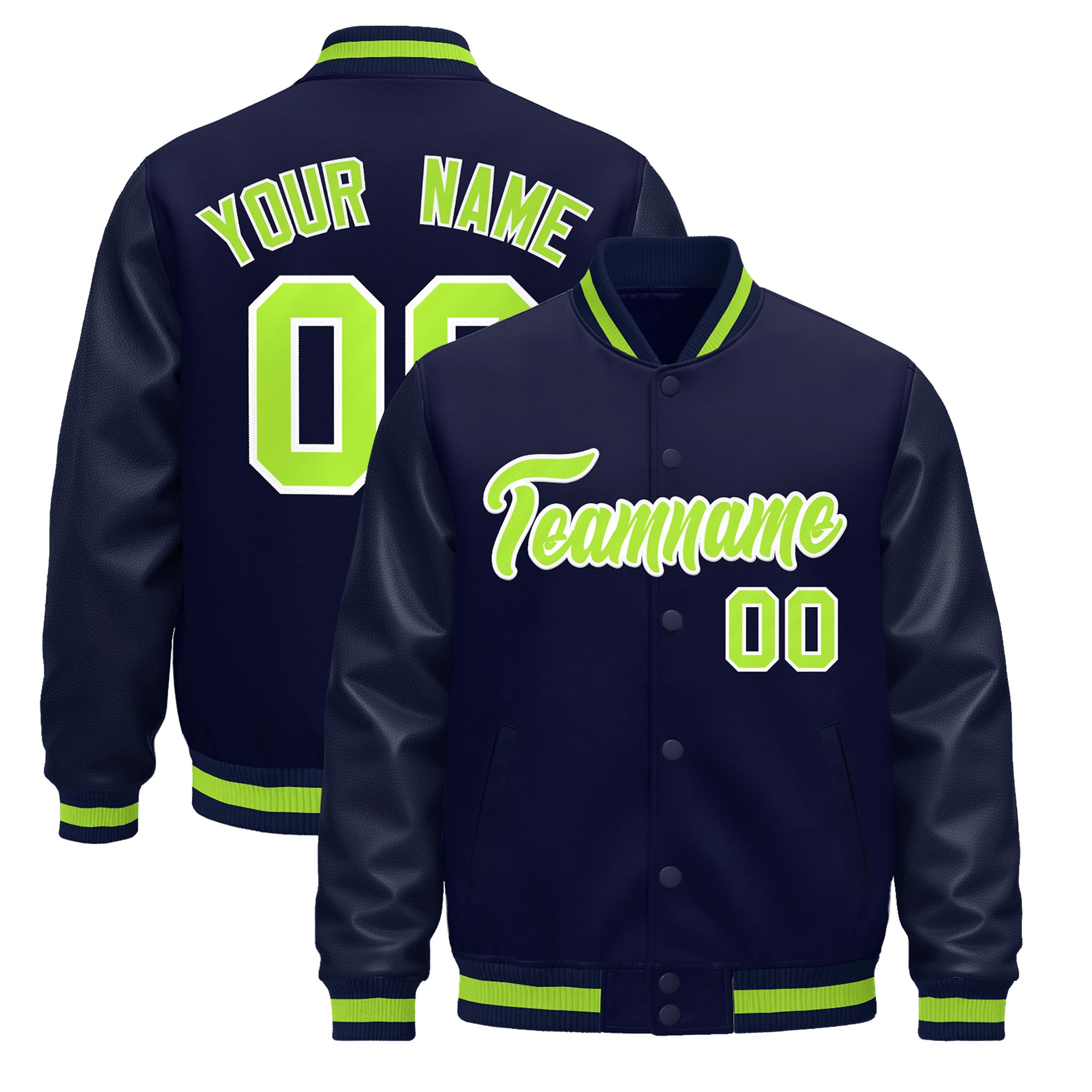 Custom Navy Neon Green Classic Style Leather Sleeves Wrinkle-Resistant Jacket| KXKSHOP