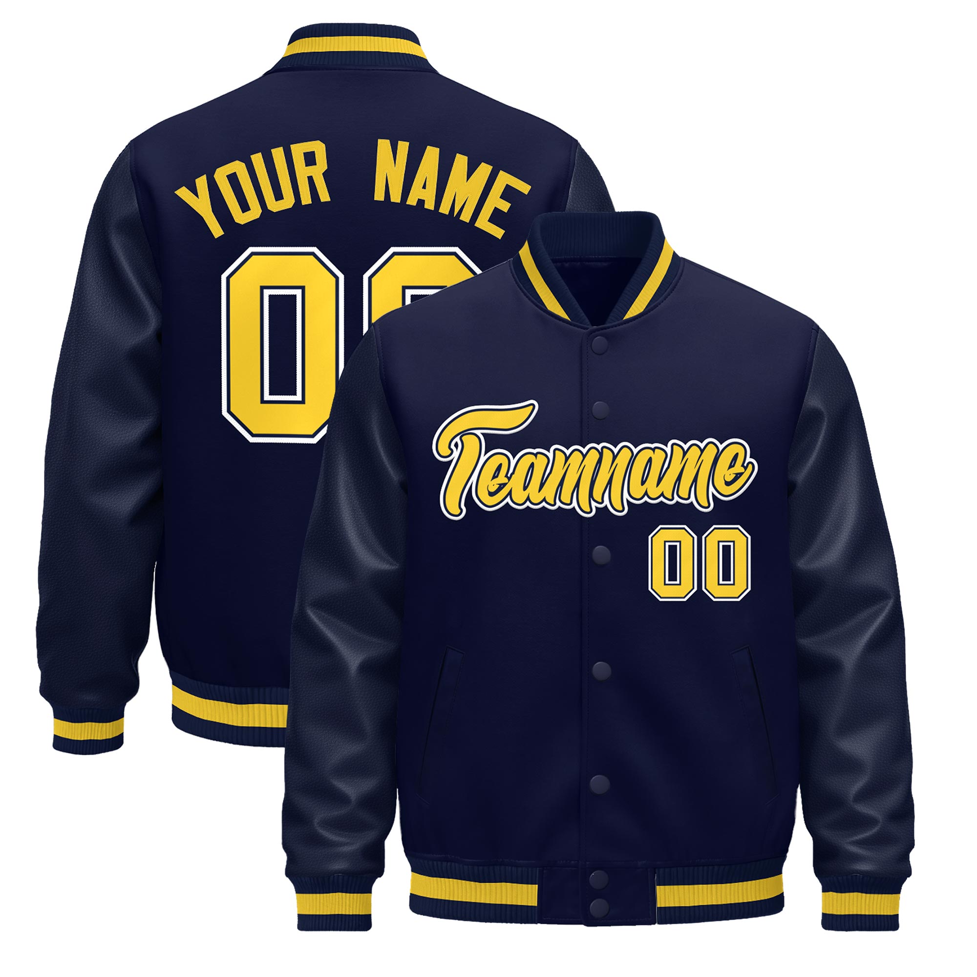Custom Navy Gold Classic Style Leather Sleeves Wrinkle-Resistant Jacket| KXKSHOP
