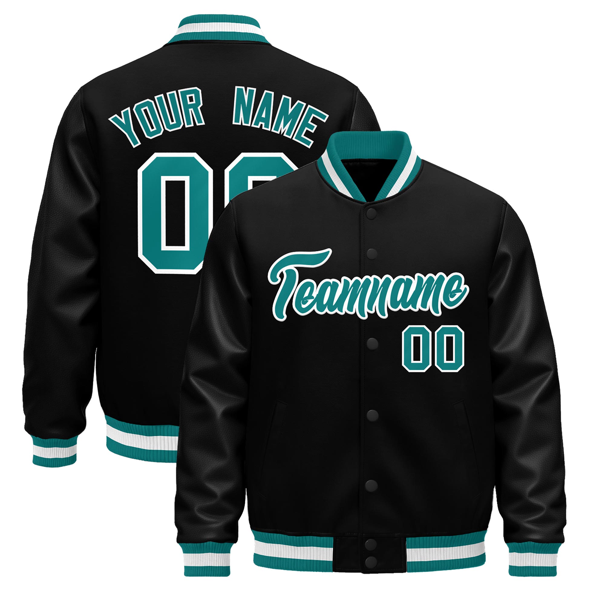 Custom Black Aqua White Classic Style Leather Sleeves Wrinkle-Resistant Jacket| KXKSHOP
