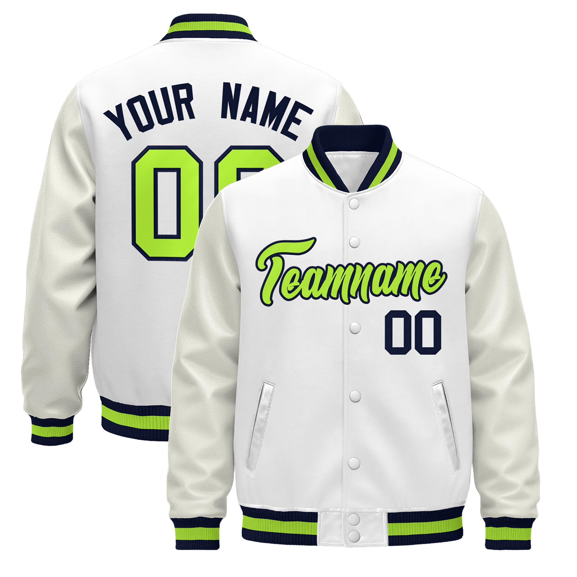 Custom White Navy Neon Green Classic Style Leather Sleeves Wrinkle-Resistant Jacket| KXKSHOP