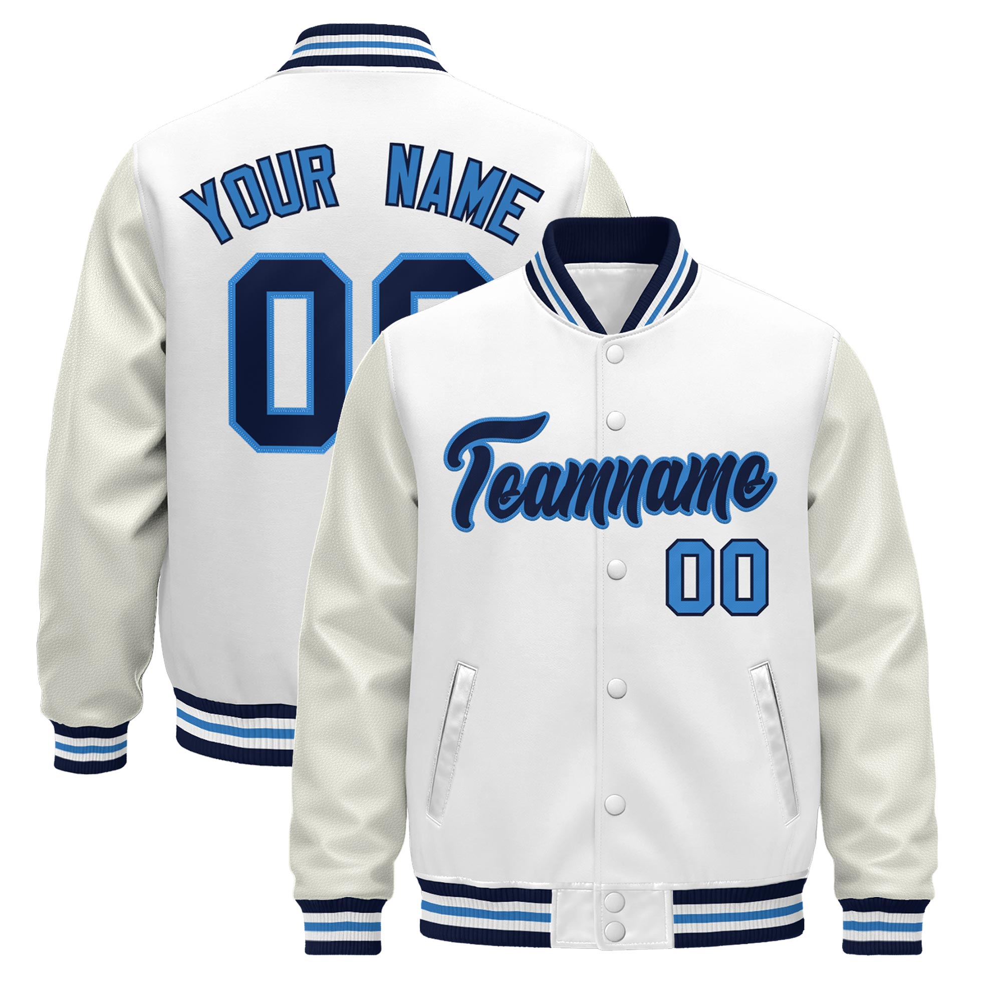 Custom White Navy Powder Blue Classic Style Leather Sleeves Wrinkle-Resistant Jacket| KXKSHOP