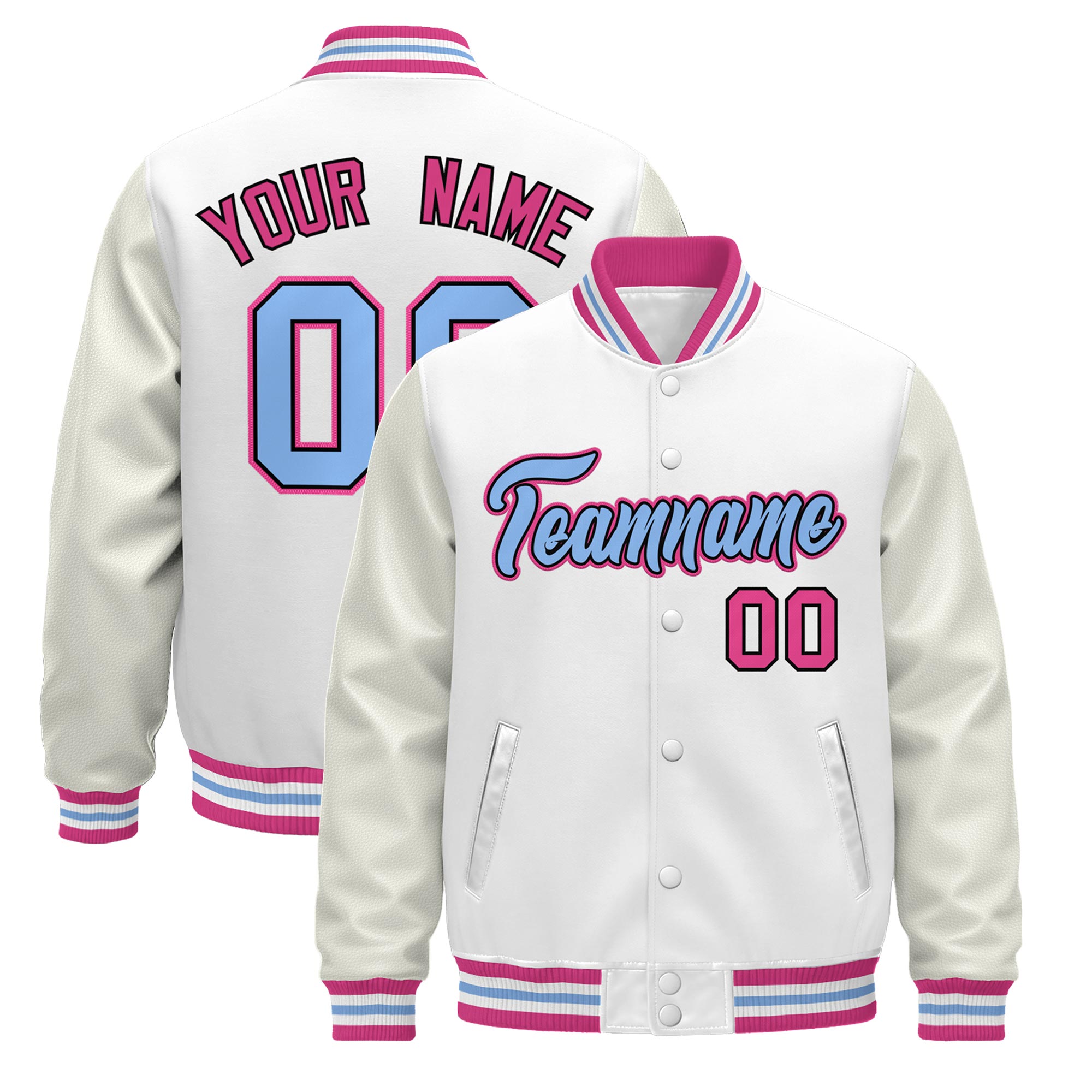 Custom White Pink Light Blue Classic Style Leather Sleeves Wrinkle-Resistant Jacket| KXKSHOP