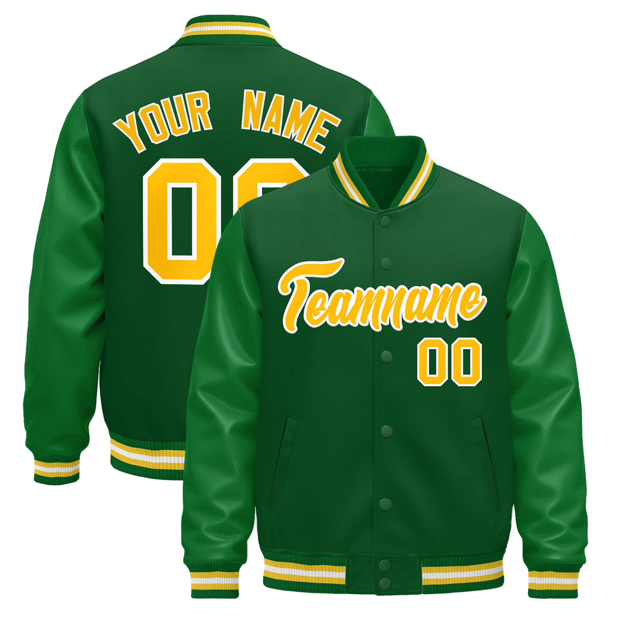 Custom Kelly Green Gold White Classic Style Leather Sleeves Wrinkle-Resistant Jacket| KXKSHOP