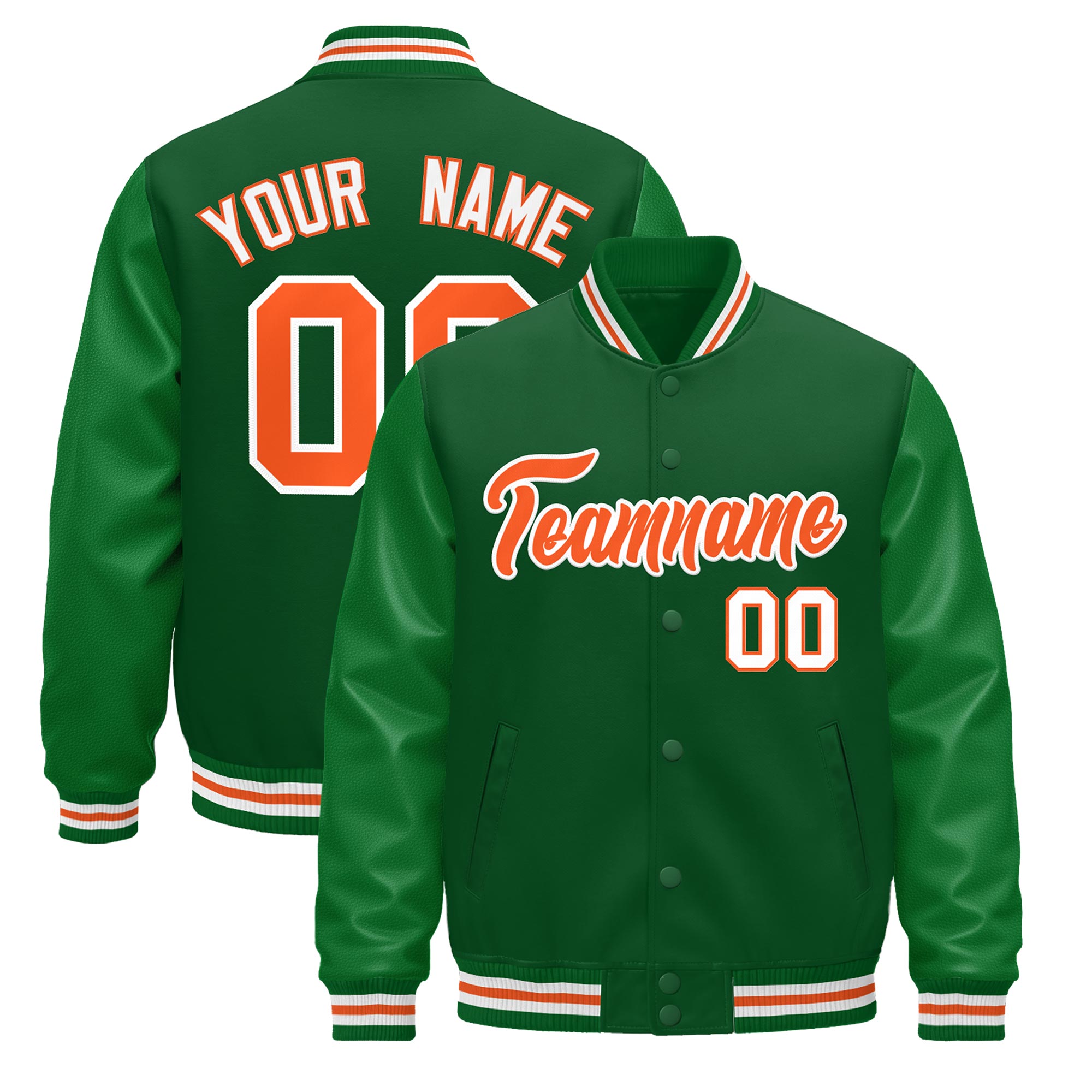 Custom Kelly Green White Orange Classic Style Leather Sleeves Wrinkle-Resistant Jacket| KXKSHOP