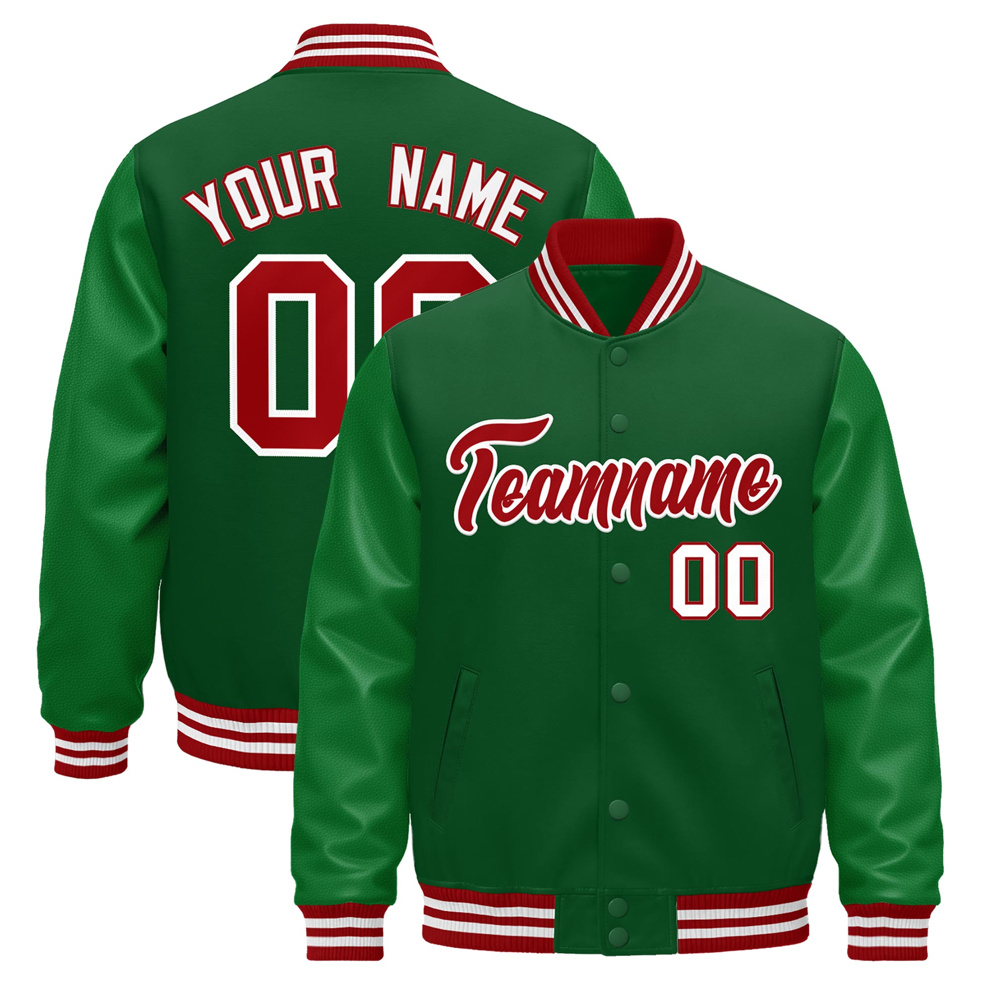 Custom Kelly Green Red White Classic Style Leather Sleeves Wrinkle-Resistant Jacket| KXKSHOP