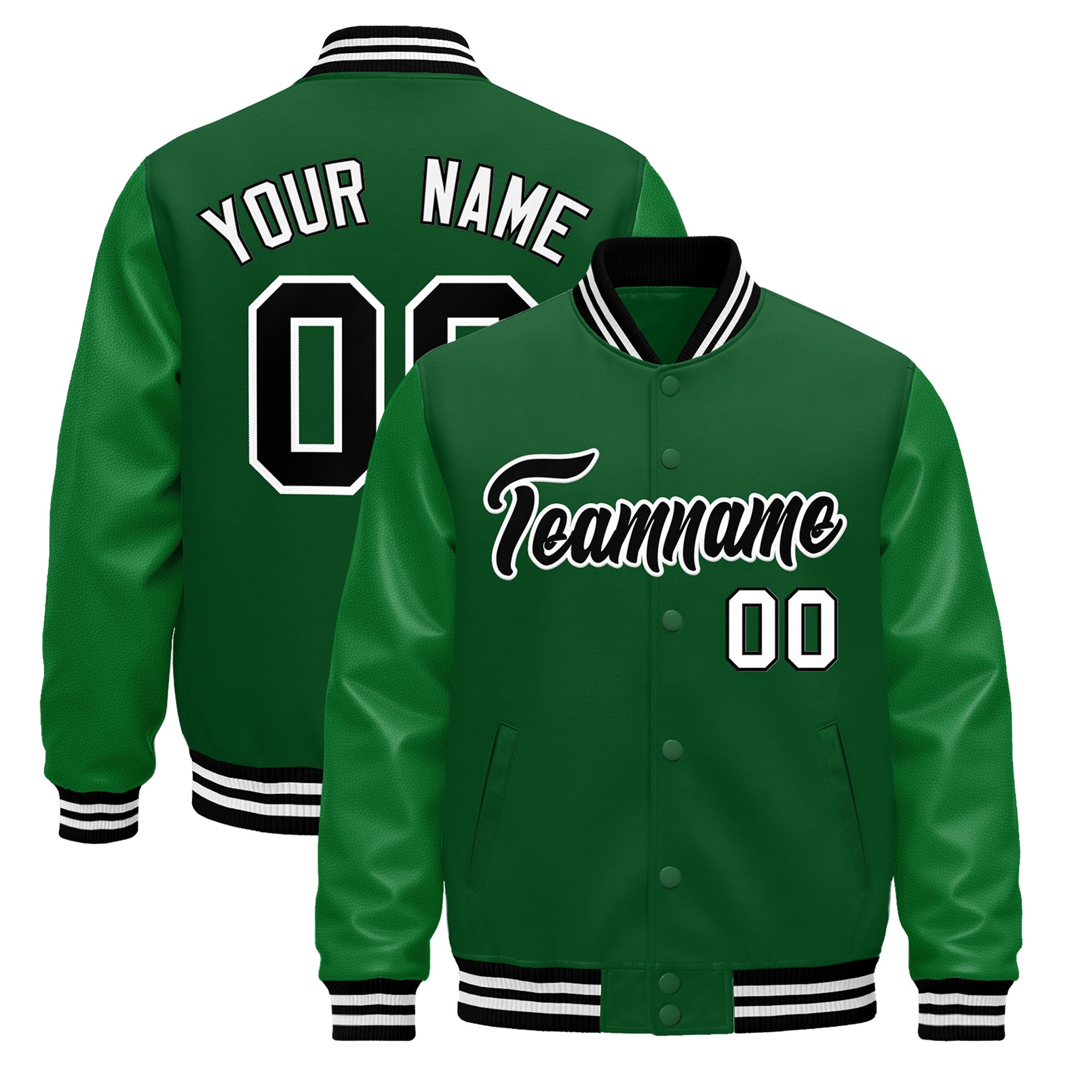 Custom Kelly Green Black White Classic Style Leather Sleeves Wrinkle-Resistant Jacket| KXKSHOP