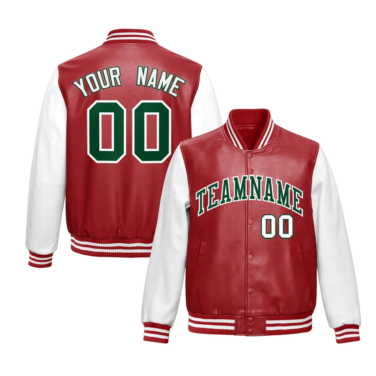 Custom Red White Dark Green Raglan Sleeves Full-Snap Varsity Faux Leather Letterman Jacket| KXKSHOP