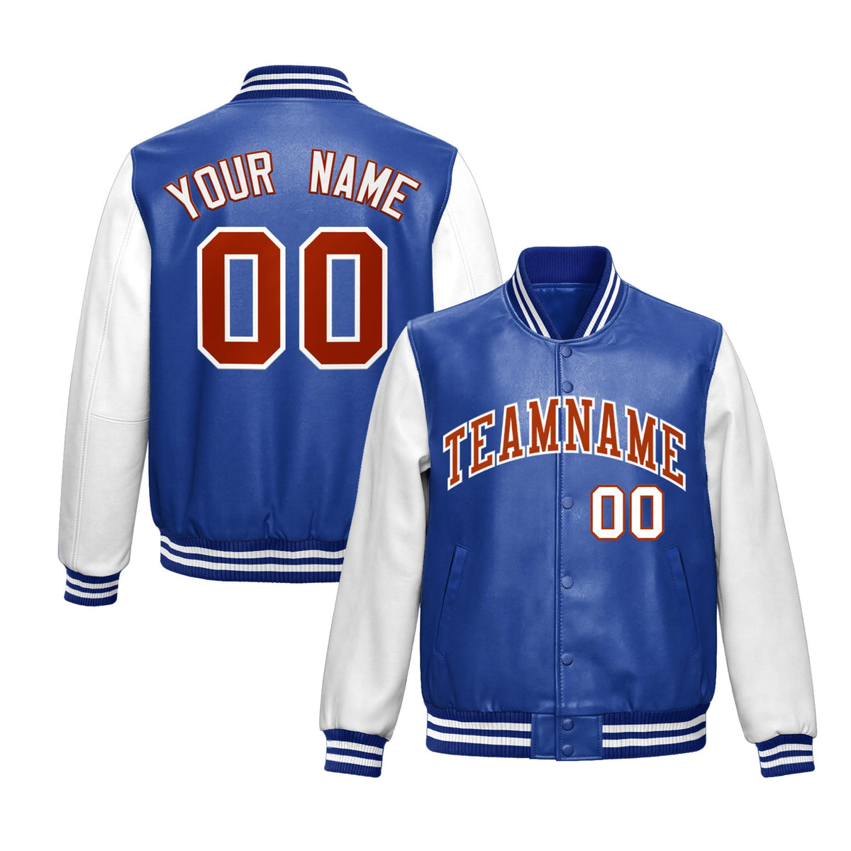 Custom Royal Blue White Dark Orange Raglan Sleeves Full-Snap Varsity Faux Leather Letterman Jacket| KXKSHOP