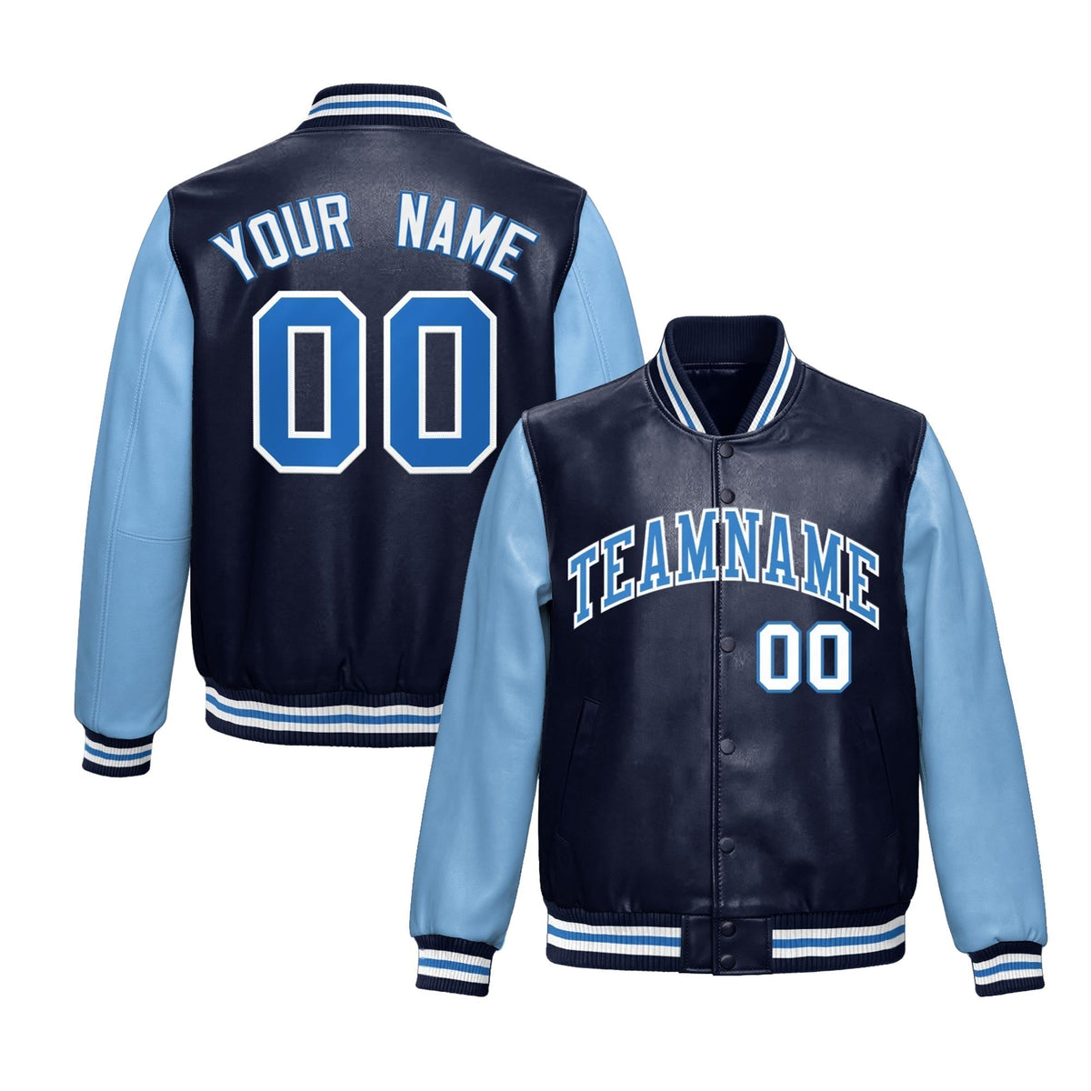 Custom Navy Powder Blue Raglan Sleeves Full-Snap Varsity Faux Leather Letterman Jacket| KXKSHOP