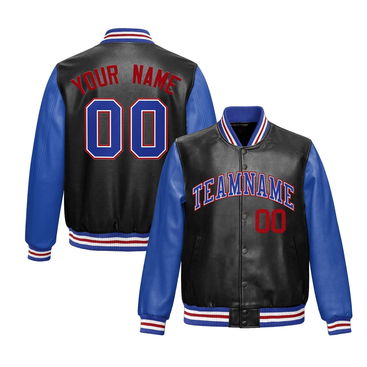 Custom Black Royal Blue Red Raglan Sleeves Full-Snap Varsity Faux Leather Letterman Jacket| KXKSHOP