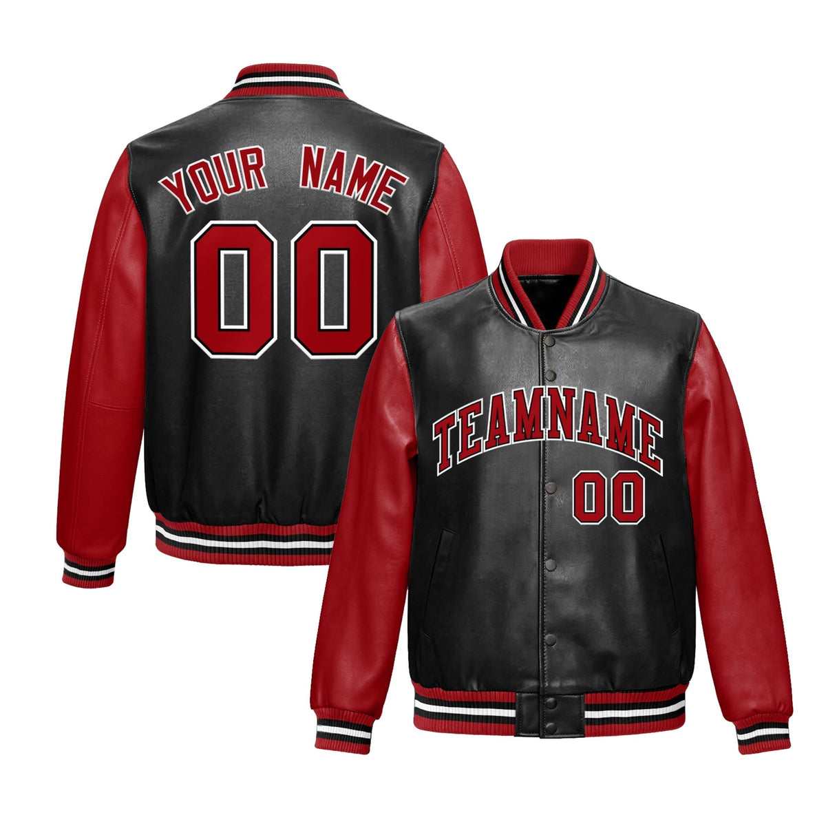 Custom Black Red Raglan Sleeves Full-Snap Varsity Faux Leather Letterman Jacket| KXKSHOP