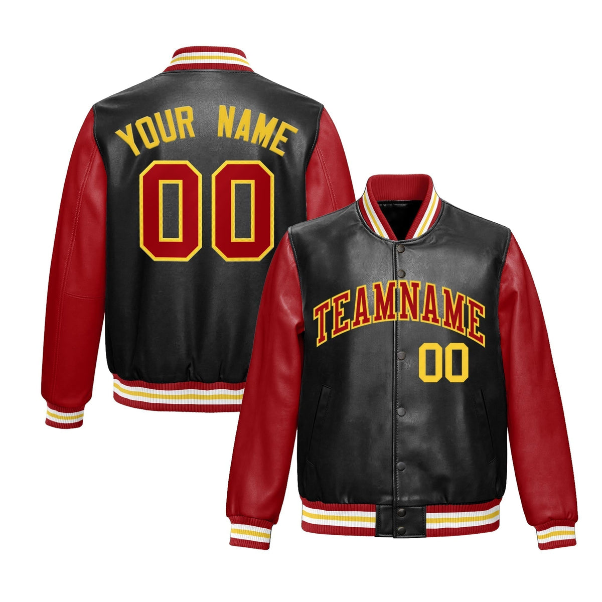 Custom Black Red Gold Raglan Sleeves Full-Snap Varsity Faux Leather Letterman Jacket| KXKSHOP