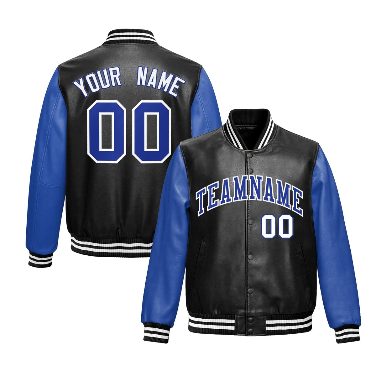 Custom Black Royal Blue Raglan Sleeves Full-Snap Varsity Faux Leather Letterman Jacket| KXKSHOP