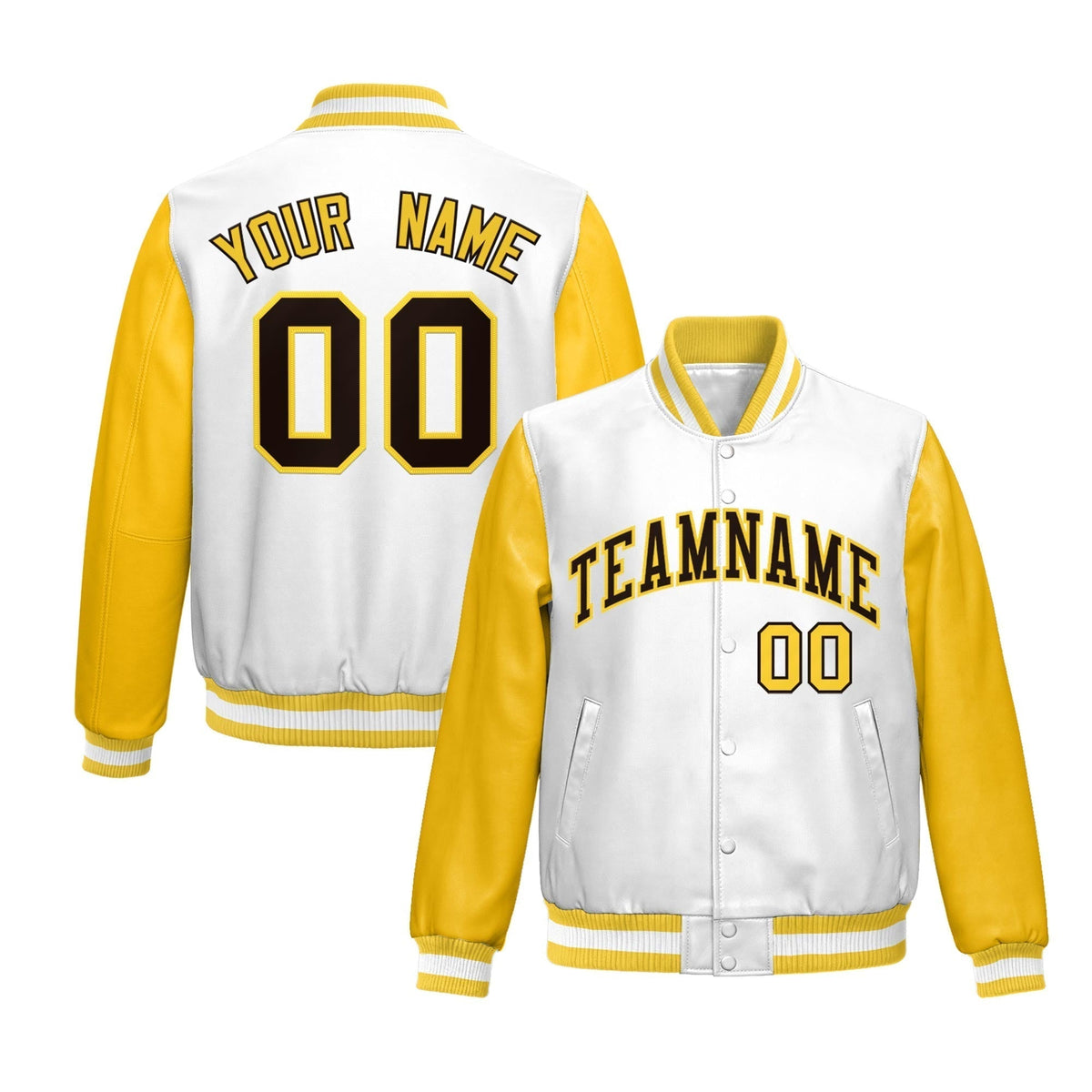 Custom White Yellow Raglan Sleeves Full-Snap Varsity Faux Leather Letterman Jacket| KXKSHOP