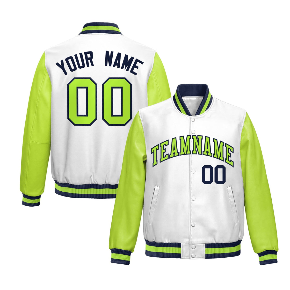 Custom White Neon Green Raglan Sleeves Full-Snap Varsity Faux Leather Letterman Jacket| KXKSHOP