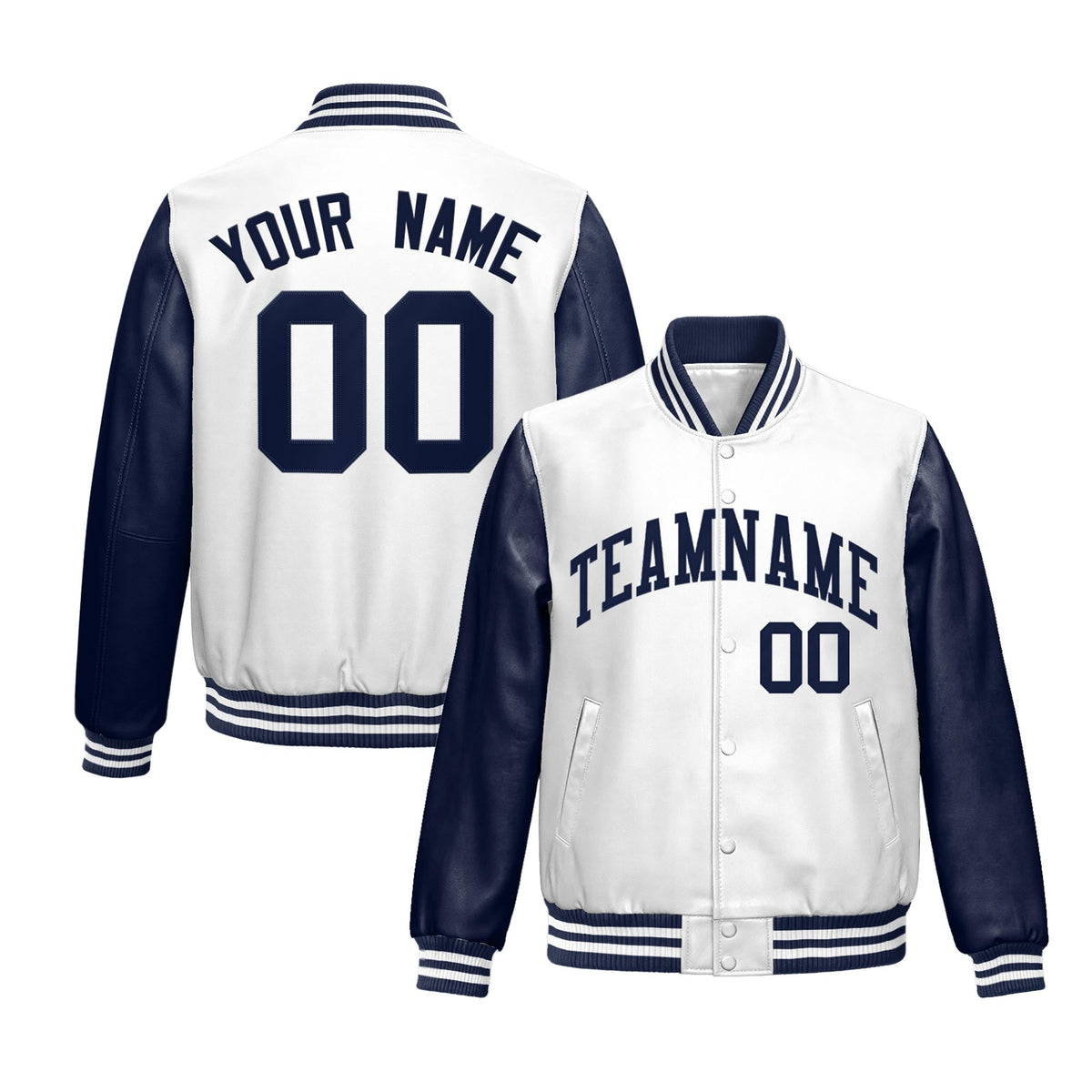Custom Navy White Raglan Sleeves Full-Snap Varsity Faux Leather Letterman Jacket| KXKSHOP