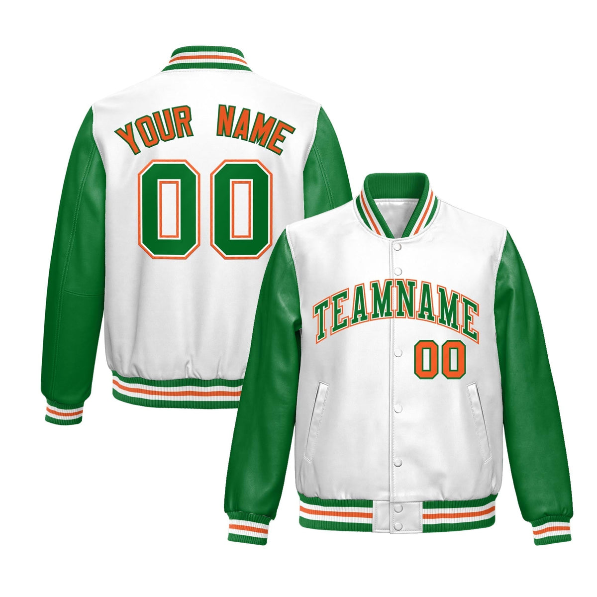 Custom White Kelly Green Raglan Sleeves Full-Snap Varsity Faux Leather Letterman Jacket| KXKSHOP