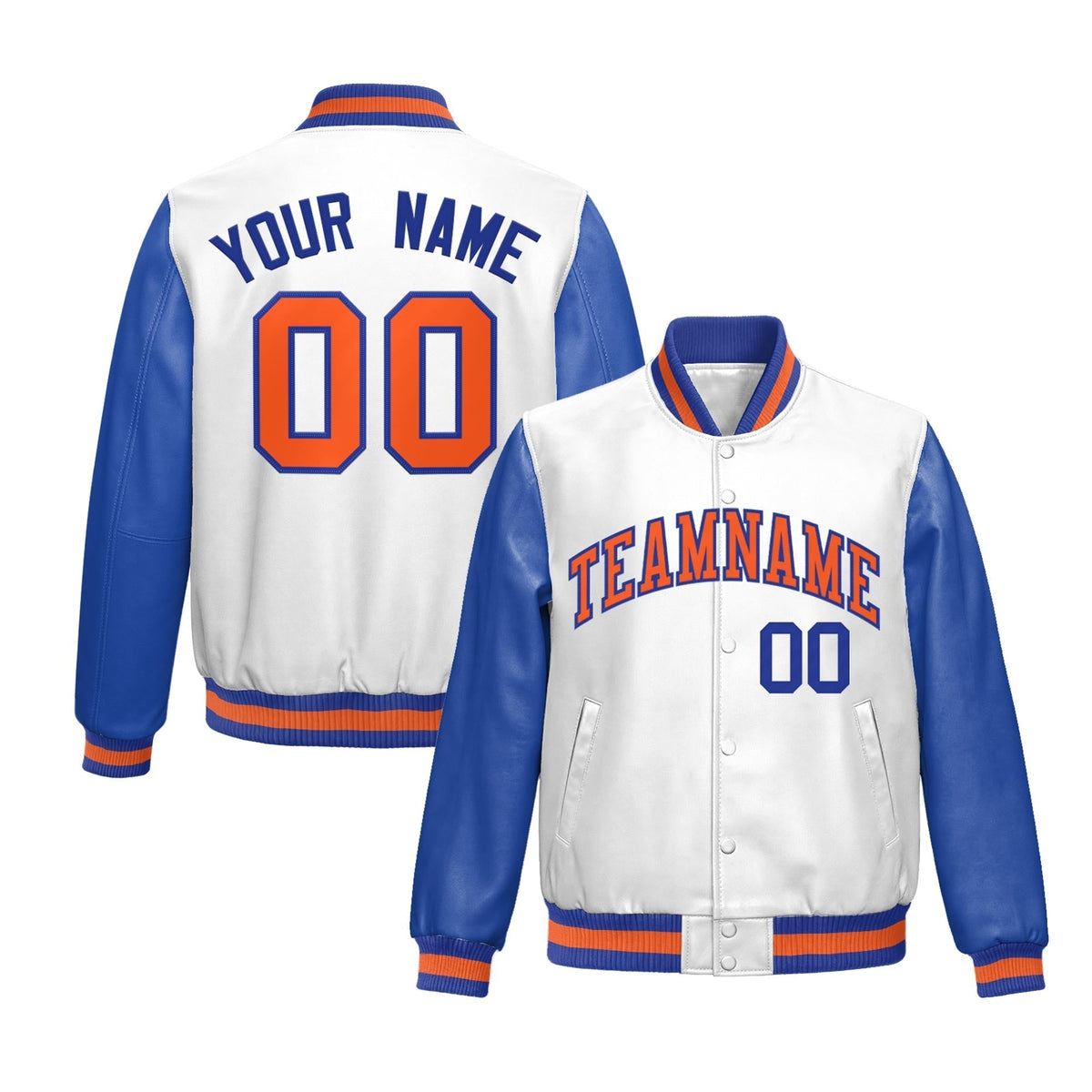 Custom White Royal Blue Raglan Sleeves Full-Snap Varsity Faux Leather Letterman Jacket| KXKSHOP