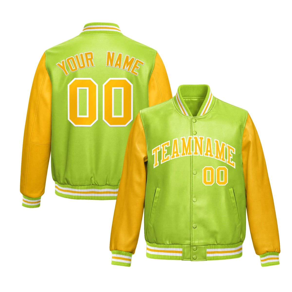 Custom Neon Green Yellow Raglan Sleeves Full-Snap Varsity Faux Leather Letterman Jacket| KXKSHOP