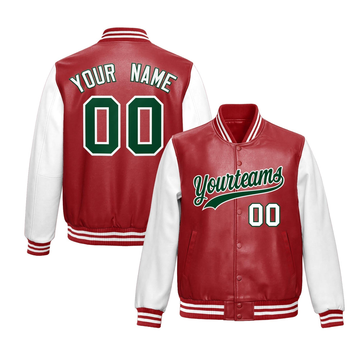 Custom Red White Dark Green Raglan Sleeves Full-Snap Varsity Faux Leather Letterman Jacket| KXKSHOP