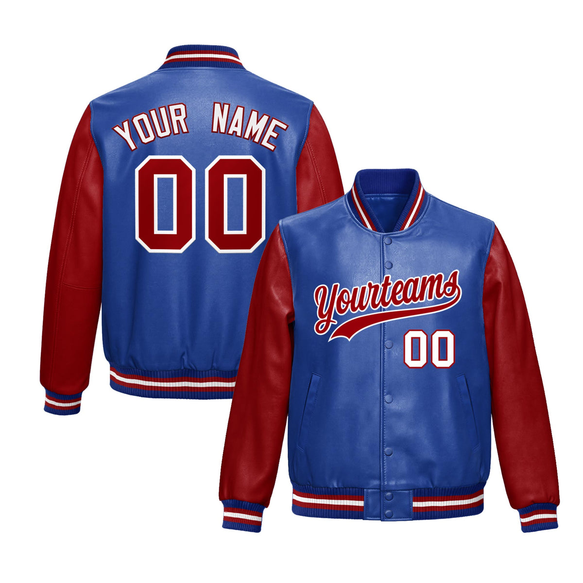 Custom Royal Blue Red Raglan Sleeves Full-Snap Varsity Faux Leather Letterman Jacket| KXKSHOP