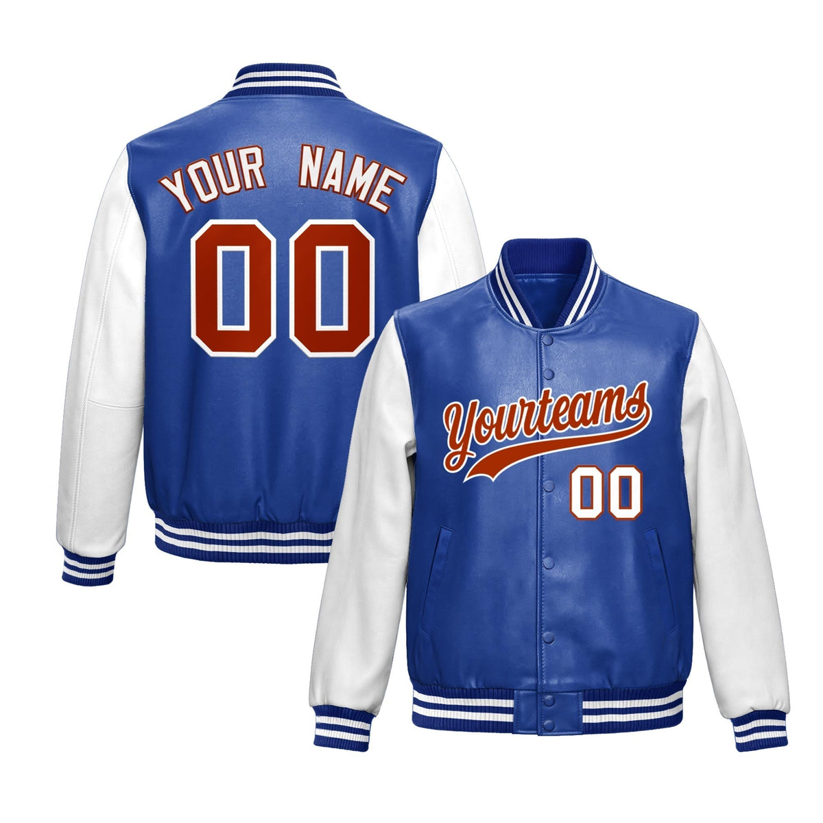 Custom Royal Blue White Dark Orange Raglan Sleeves Full-Snap Varsity Faux Leather Letterman Jacket| KXKSHOP