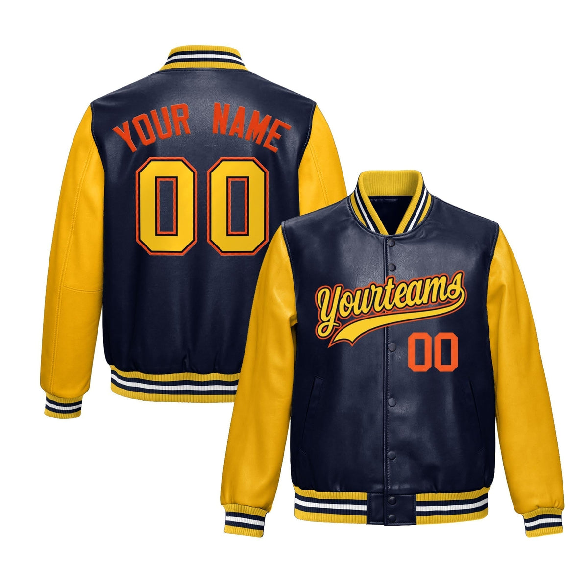 Custom Navy Yellow Orange Raglan Sleeves Full-Snap Varsity Faux Leather Letterman Jacket| KXKSHOP