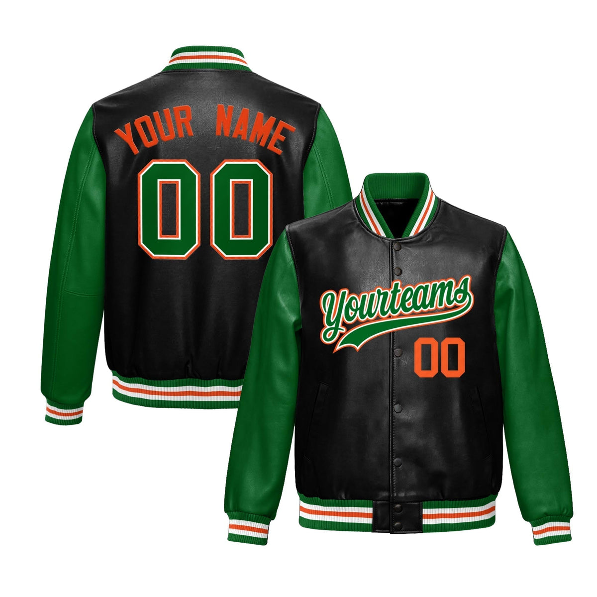 Custom Black Kelly Green Raglan Sleeves Full-Snap Varsity Faux Leather Letterman Jacket| KXKSHOP