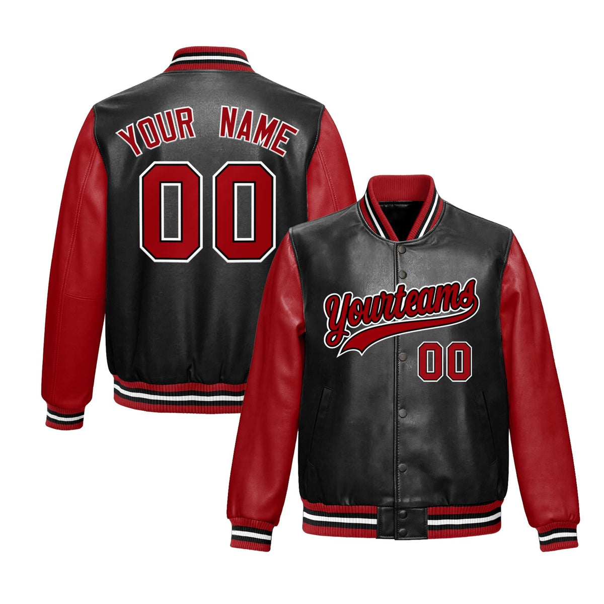 Custom Black Red Raglan Sleeves Full-Snap Varsity Faux Leather Letterman Jacket| KXKSHOP