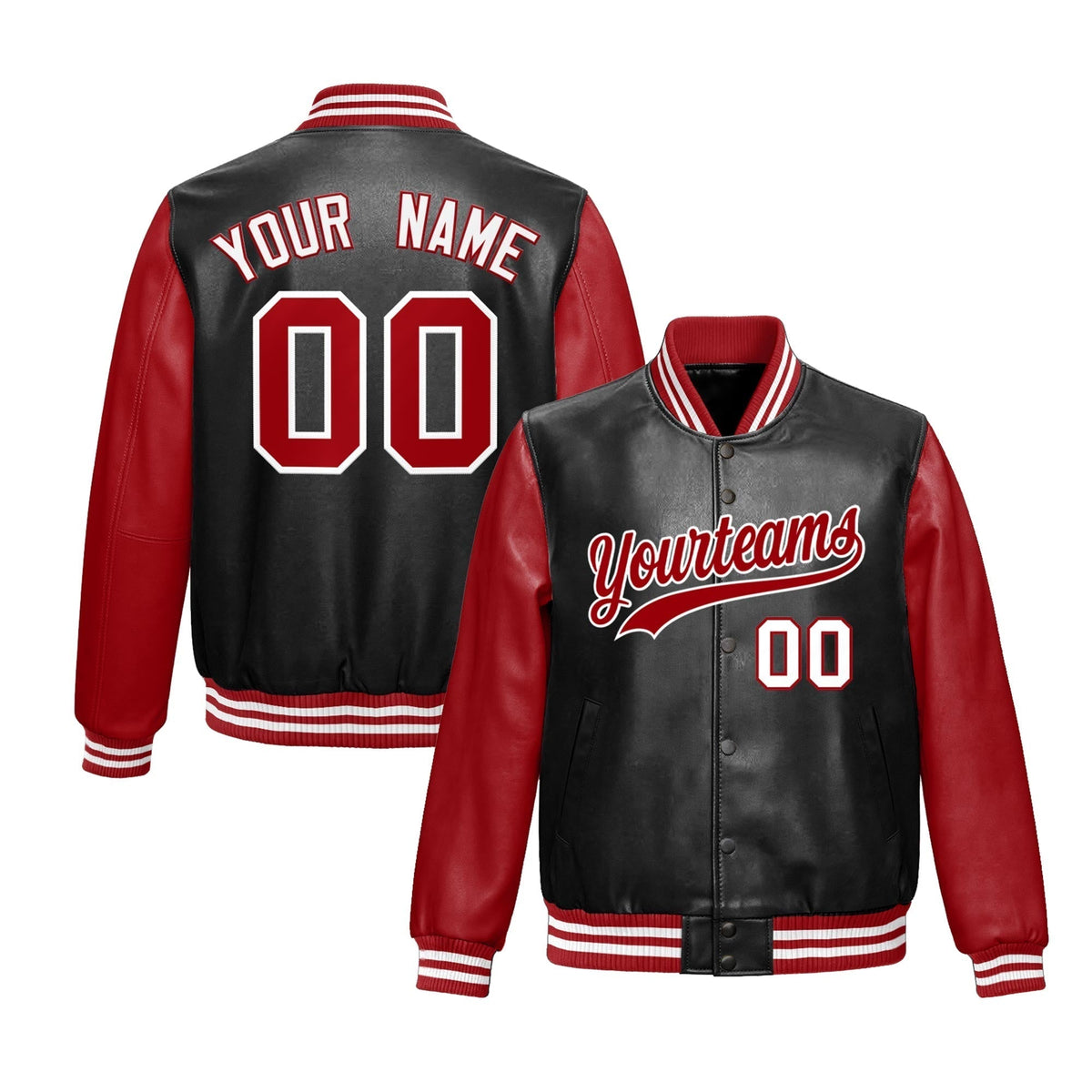 Custom Black Red White Raglan Sleeves Full-Snap Varsity Faux Leather Letterman Jacket| KXKSHOP