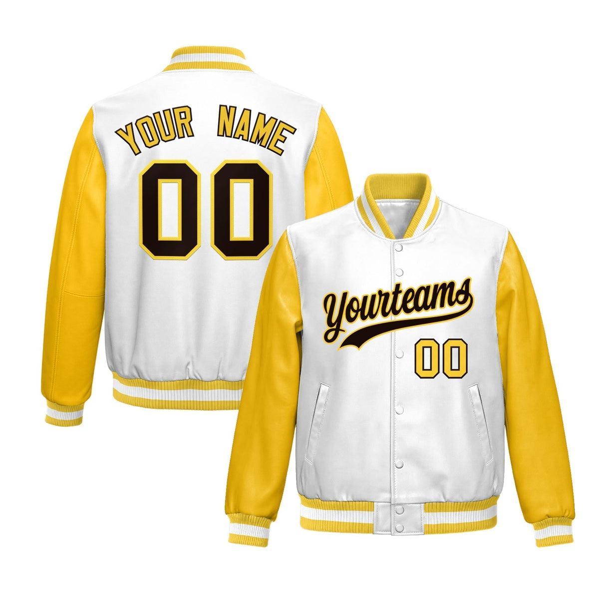 Custom White Yellow Raglan Sleeves Full-Snap Varsity Faux Leather Letterman Jacket| KXKSHOP