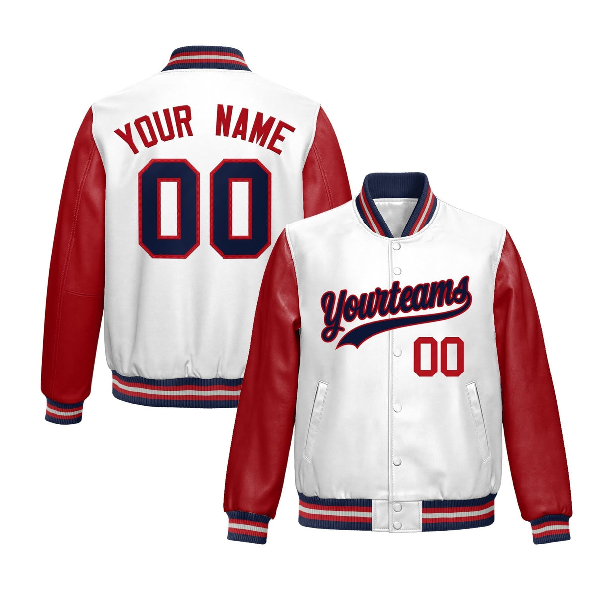 Custom White Red Navy Raglan Sleeves Full-Snap Varsity Faux Leather Letterman Jacket| KXKSHOP