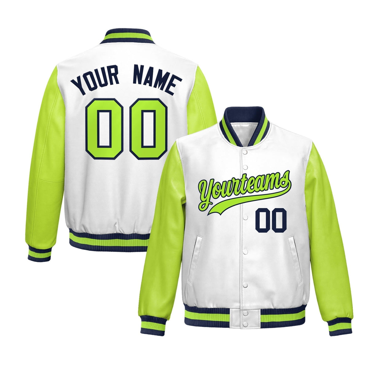 Custom White Neon Green Raglan Sleeves Full-Snap Varsity Faux Leather Letterman Jacket| KXKSHOP