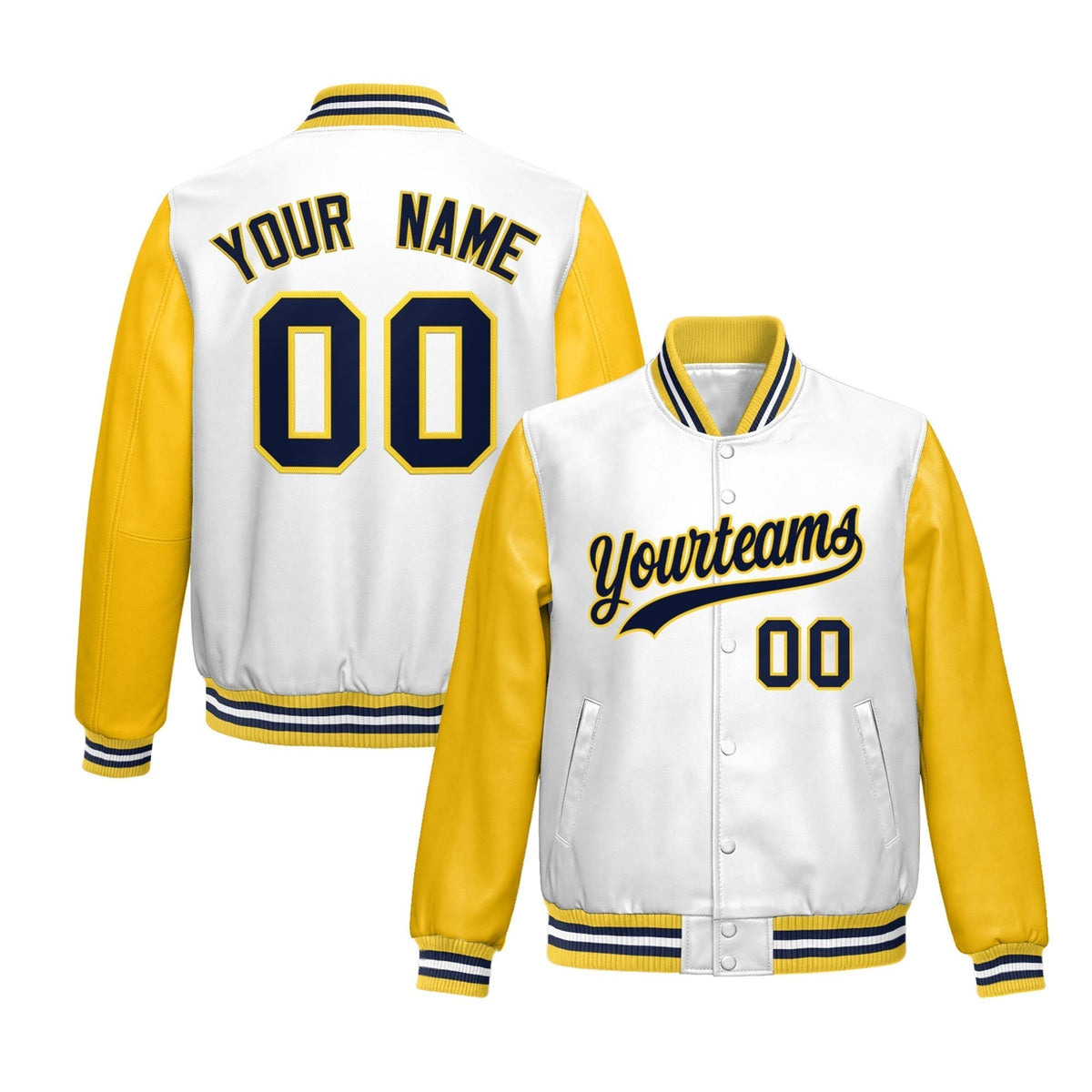 Custom White Yellow Navy Raglan Sleeves Full-Snap Varsity Faux Leather Letterman Jacket| KXKSHOP