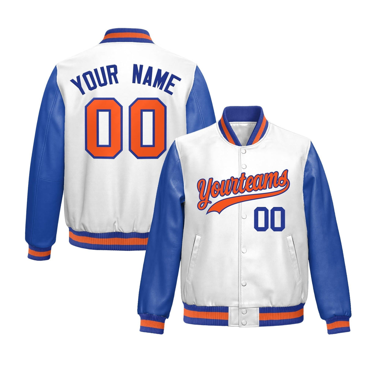 Custom White Royal Blue Raglan Sleeves Full-Snap Varsity Faux Leather Letterman Jacket| KXKSHOP