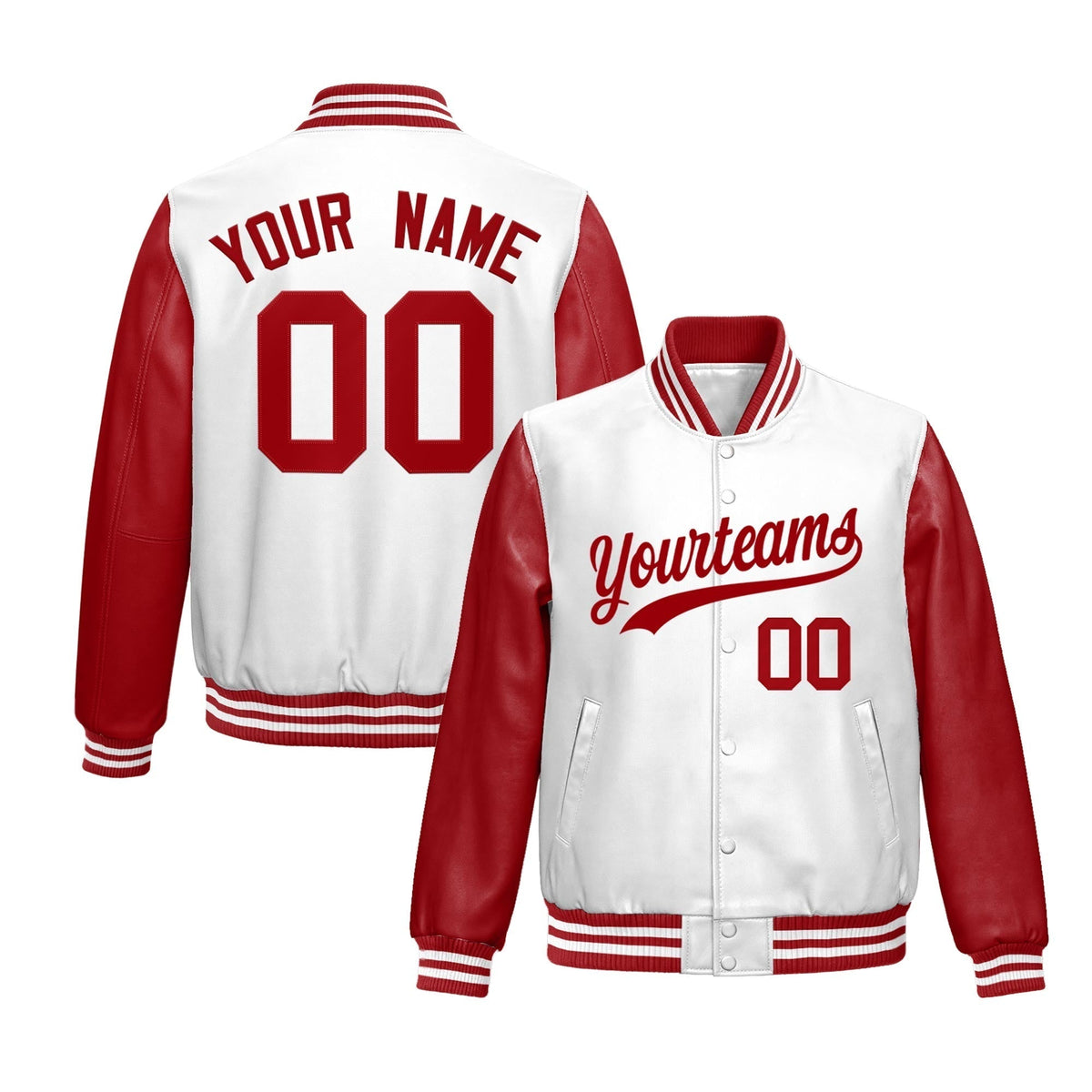 Custom White Red Raglan Sleeves Full-Snap Varsity Faux Leather Letterman Jacket| KXKSHOP