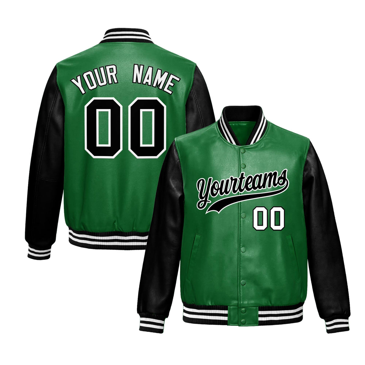 Custom Kelly Green Black Raglan Sleeves Full-Snap Varsity Faux Leather Letterman Jacket| KXKSHOP