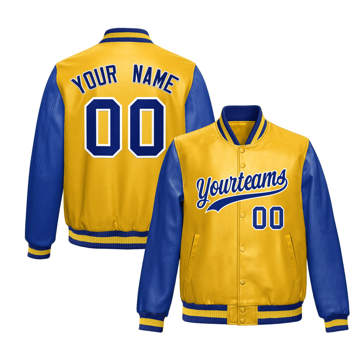 Custom Yellow Royal Blue Raglan Sleeves Full-Snap Varsity Faux Leather Letterman Jacket| KXKSHOP