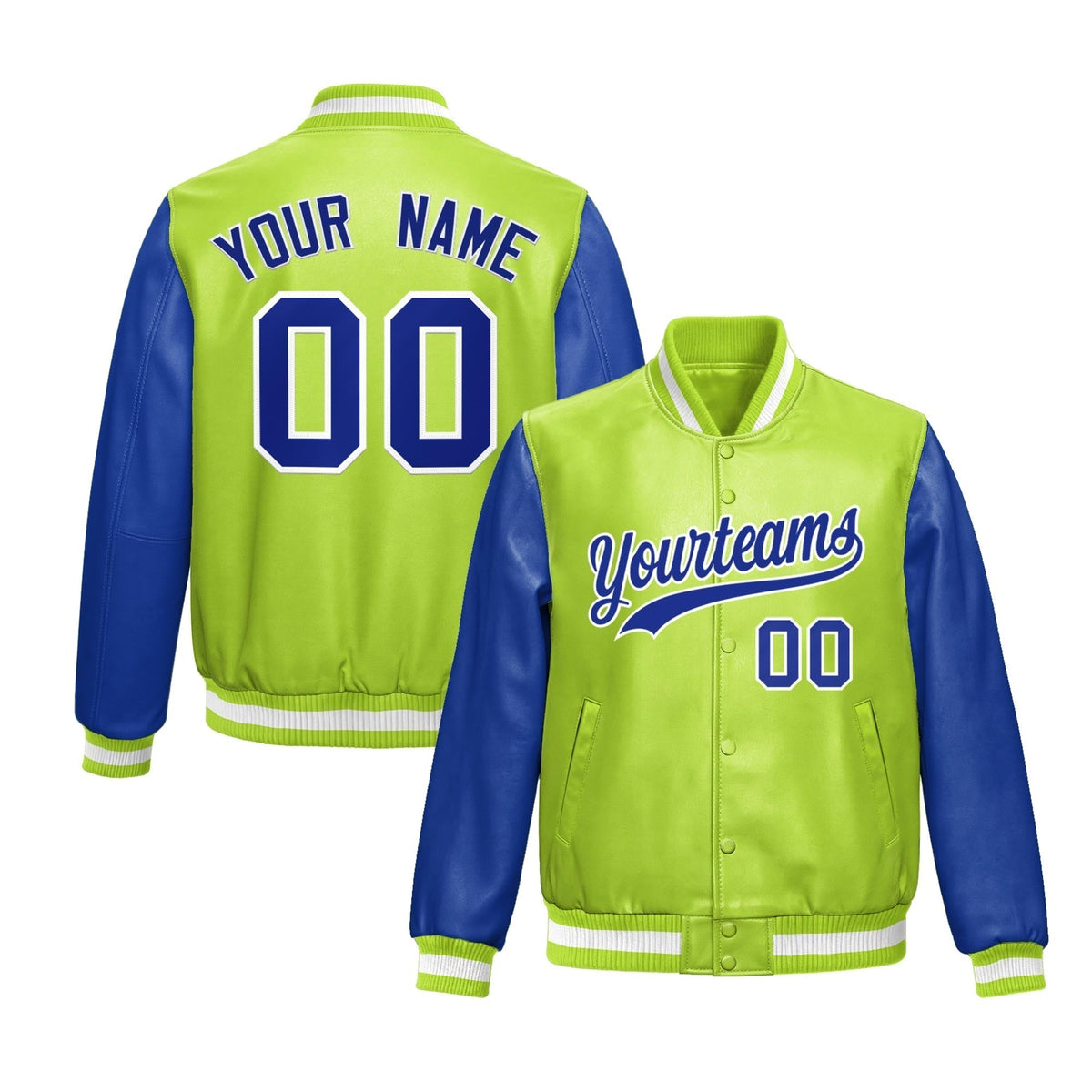Custom Neon Green Royal Blue Raglan Sleeves Full-Snap Varsity Faux Leather Letterman Jacket| KXKSHOP
