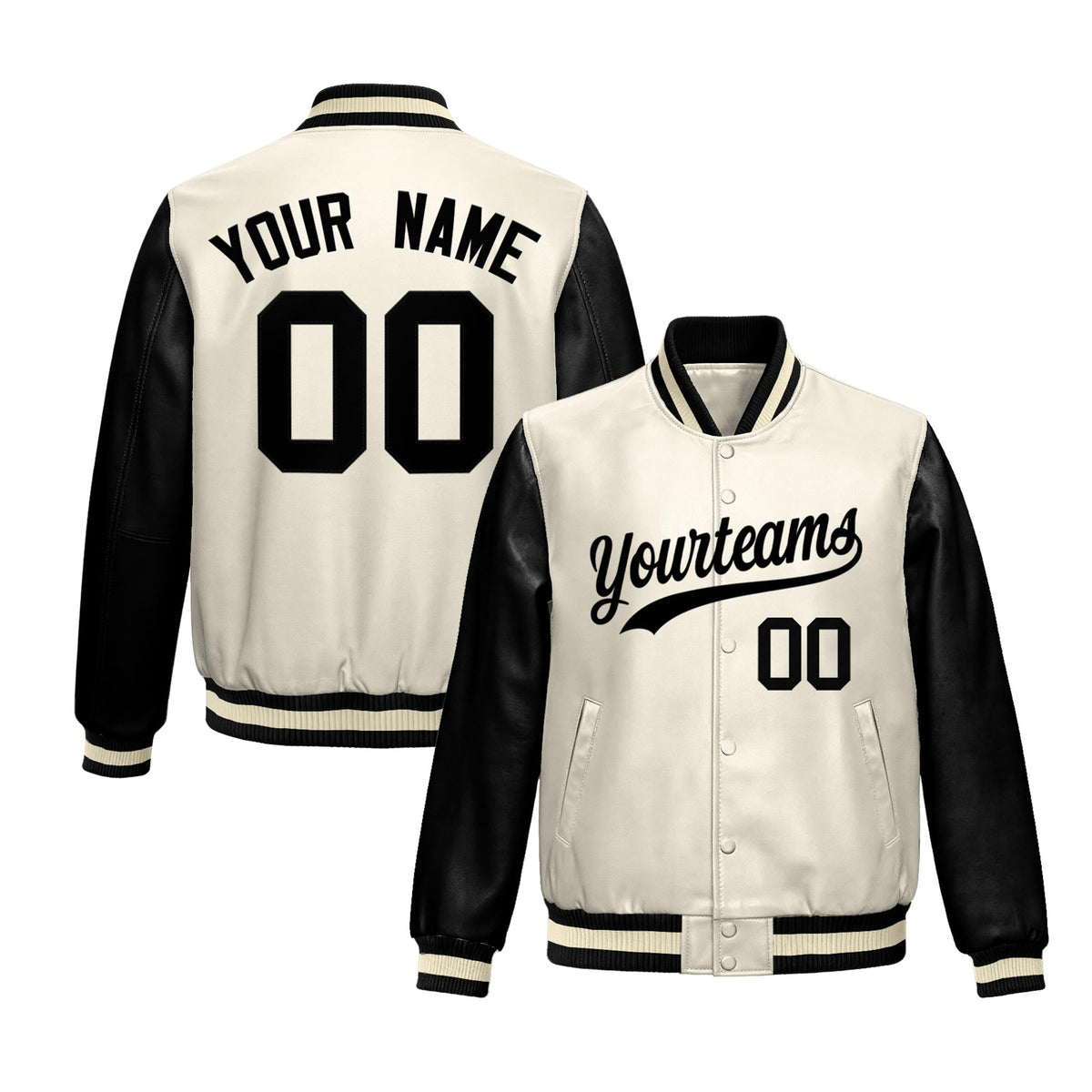 Custom Cream Black Raglan Sleeves Full-Snap Varsity Faux Leather Letterman Jacket| KXKSHOP