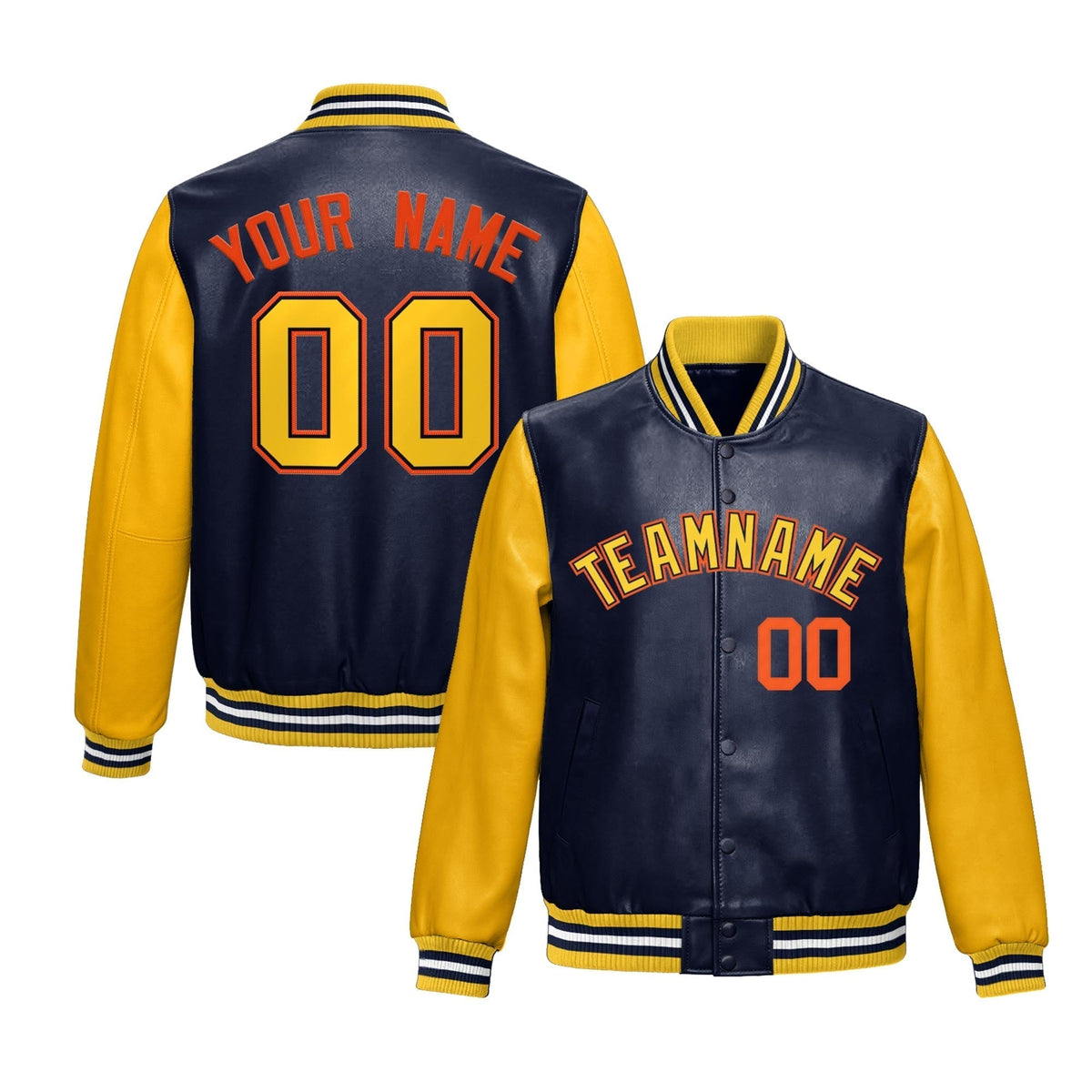 Custom Navy Yellow Orange Raglan Sleeves Full-Snap Varsity Faux Leather Letterman Jacket| KXKSHOP