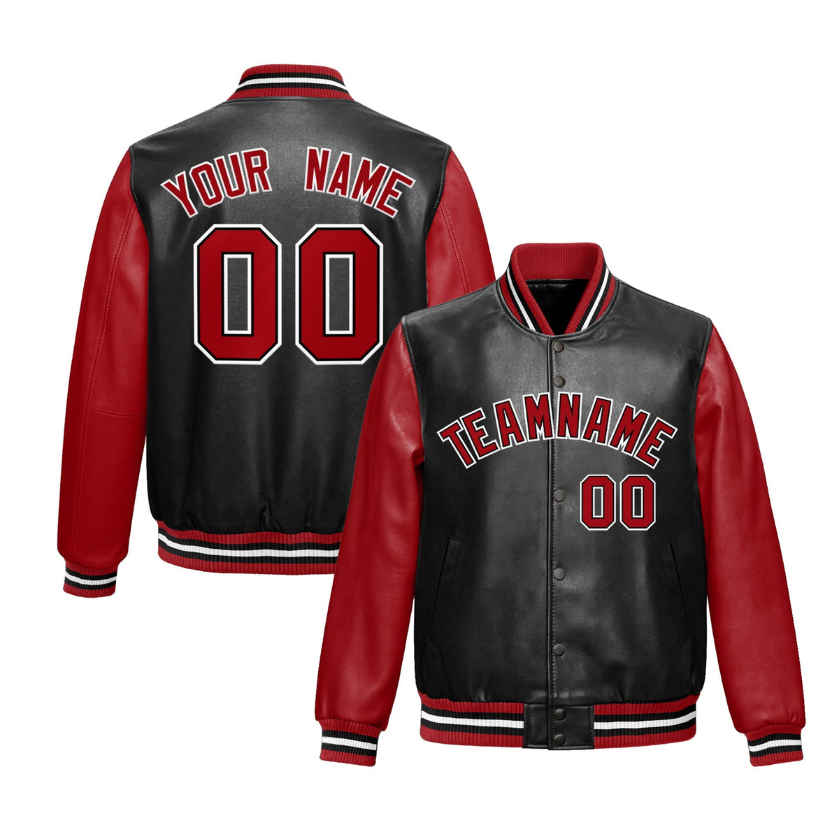 Custom Black Red Raglan Sleeves Full-Snap Varsity Faux Leather Letterman Jacket| KXKSHOP