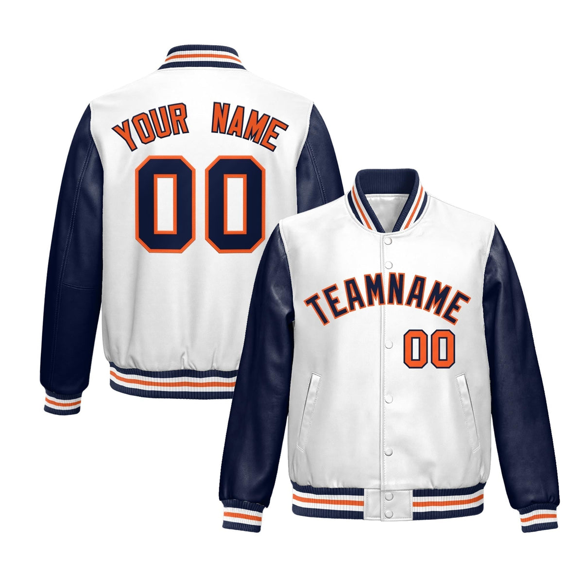 Custom White Navy Raglan Sleeves Full-Snap Varsity Faux Leather Letterman Jacket| KXKSHOP