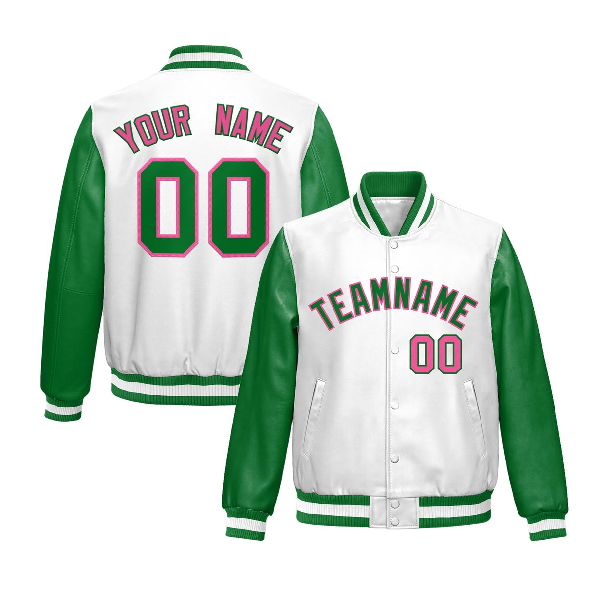 Custom Kelly Green White Raglan Sleeves Full-Snap Varsity Faux Leather Letterman Jacket| KXKSHOP