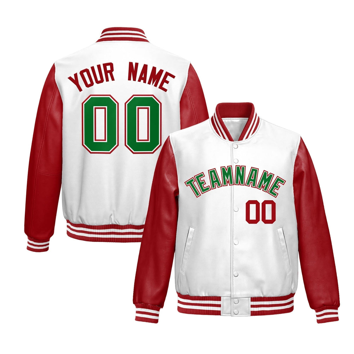 Custom White Red Kelly Green Raglan Sleeves Full-Snap Varsity Faux Leather Letterman Jacket| KXKSHOP